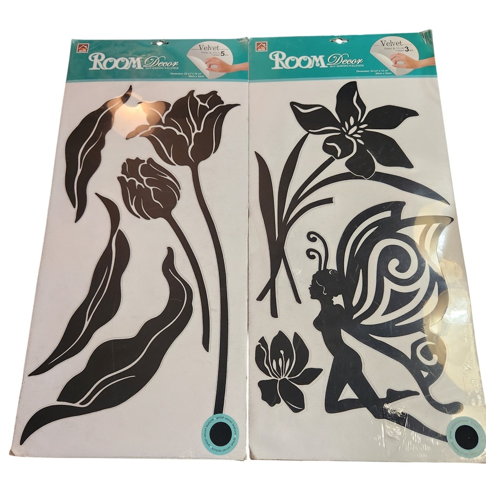 Vintage‎ Room Decor Velvet Peel and Stick Wall Decals Black Floral Fairy 2 Pack